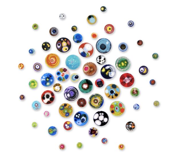 KLARI REIS, HYPOCHONDRIA MULTI COLOUR, 60 PIECES, 2019, MIXED MEDIA INCLUDING EPOXY POLYMER ON PETRI DISHES, T-NUTS AND STEEL RODS, D 152.4CM
